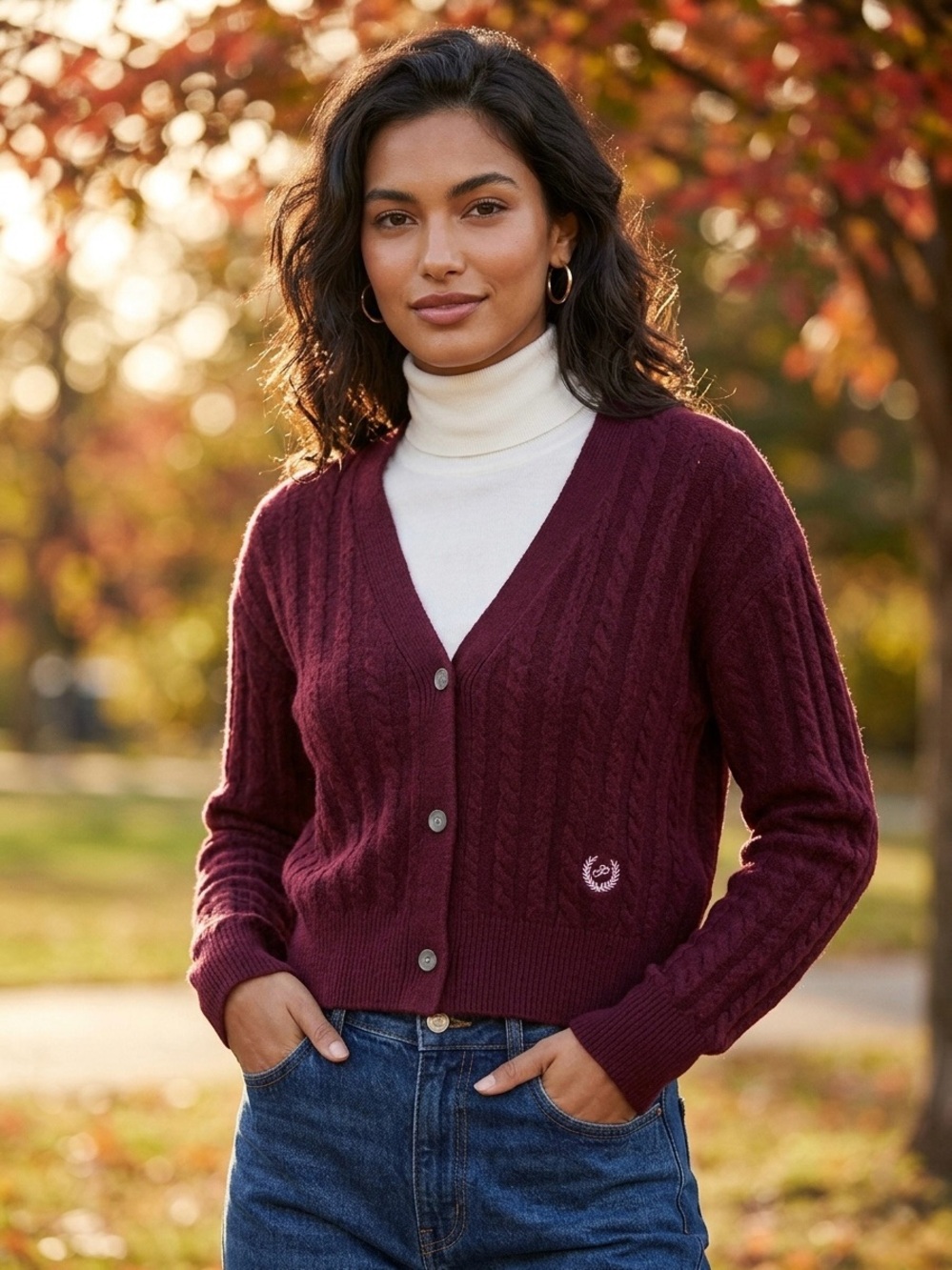 NWT PINK Victoria's Secret Maroon Cable Knit Cropped Cardigan Sweater Size M